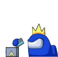 a blue among us character with a crown on his head is opening a box