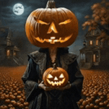 a woman with a carved pumpkin on her head is holding a pumpkin in her hands .