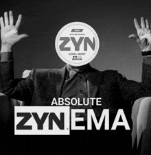 a man in a suit holds his hands up in front of a zyn absolute zyn ema logo