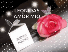 a pink rose with a butterfly on top of it and a card that says leonidas amor mio .