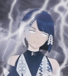 a girl with blue hair and white eyes is surrounded by lightning bolts