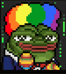 a pixel art drawing of a frog with a rainbow hairdo