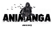 a logo for anime manga with madara holding a sword and birds flying around him