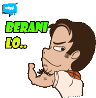 a cartoon of a man flexing his muscles with the words " berani lo " below him