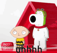 a cartoon of snoopy and stewie standing in front of a red house