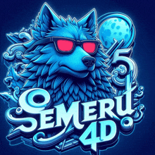 a blue wolf wearing red sunglasses with the words semeru 4d below it