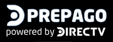 a white logo for prepago powered by directv