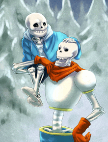 a drawing of a skeleton carrying another skeleton on his shoulders