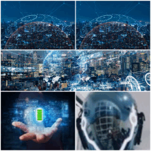 a collage of images shows a hand holding a battery and a robotic head