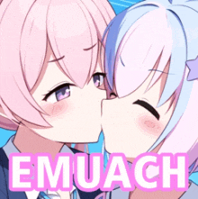 a picture of two anime girls kissing with the word emuach in the corner