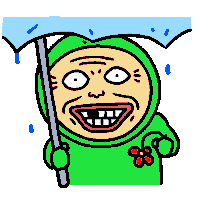 a cartoon character in a green hoodie holding an umbrella