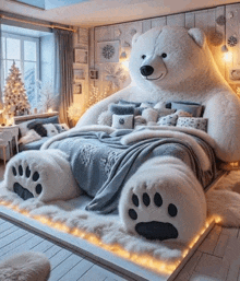 a bedroom with a bed that looks like a polar bear