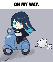 a girl is riding a blue scooter with a smoke coming out of it .