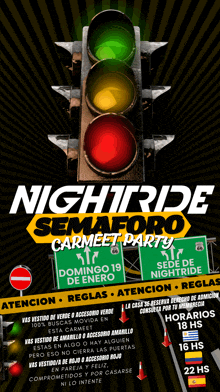 a poster for nightride semaforo carmeet party shows a traffic light