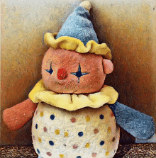 a painting of a stuffed clown with polka dots on his outfit