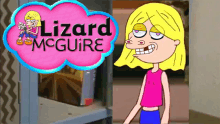 a lizard mcguire logo with a cartoon girl in the background