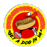 a logo for darto hot dogs and burgers with a hot dog