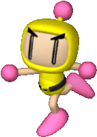 a cartoon character with a yellow body and pink legs