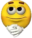 a yellow smiley face with big eyes and brown eyebrows is holding his hands together .