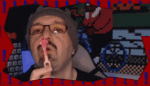 a man blowing bubbles in front of a pixelated background