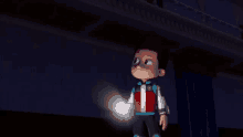 a cartoon character is holding a flashlight in his hand in the dark .