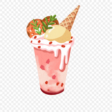 a drawing of an ice cream sundae with strawberries and a waffle cone