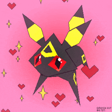 a pixel art drawing of a black and yellow pokemon with red eyes