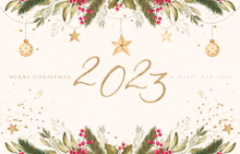 a merry christmas and a happy new year greeting card for the year 2023