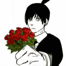 a black and white drawing of a person holding a bouquet of red roses .