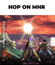 a poster that says hop on mhr with a sunset in the background