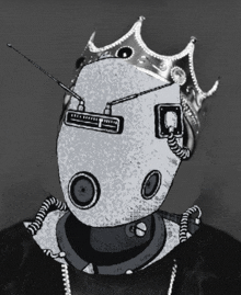 a black and white drawing of a robot wearing a crown and headphones