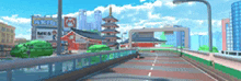 a pixel art of a city with buildings and a sign that says akita