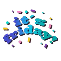 a graphic that says it 's friday in blue letters