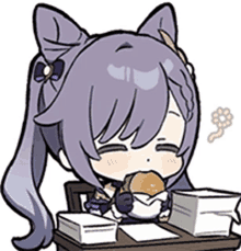 a girl is sitting at a desk eating a hamburger .