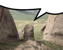 a speech bubble shows a rock in the middle of a grassy field