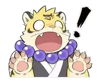 a cartoon tiger with a necklace of purple beads on his neck