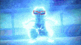 a cartoon character wearing sunglasses is glowing blue