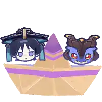 a paper boat with two cartoon characters in it