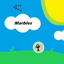 the word marbles is on a cloud above a stick figure in a circle