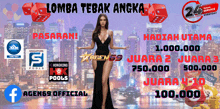 a woman in a black dress stands in front of a city skyline with the words lomba tebak angka