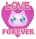 a pixel art of a pink cat with blue eyes in a heart with the words `` love forever '' .