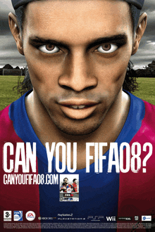 an advertisement for fifa 08 shows a soccer player