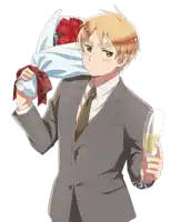 a man in a suit is holding a glass of champagne and a bouquet of flowers