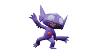 a 3d model of a purple monster with sharp teeth and a red spot on its chest