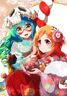 a drawing of a girl with a skull on her head and a girl with flowers in her hair