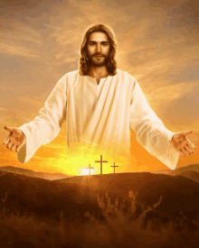 a painting of jesus with his arms outstretched in front of two crosses