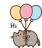 a pixel art of a cat holding three balloons and the word hi