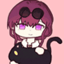 a girl with purple hair is holding a black cat on her lap .