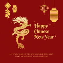 a happy chinese new year greeting card with a dragon and lanterns .