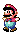 a pixel art of a man wearing a red hat and blue shorts holding a gun .